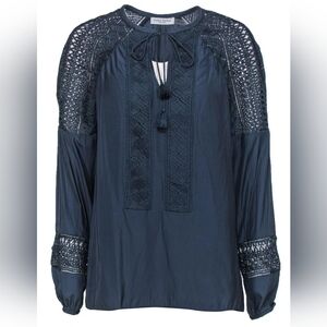 Ramy Brook Winnie Lace Panel Long Sleeve Blouse Navy Crochet Flounce Sleeve Sz M